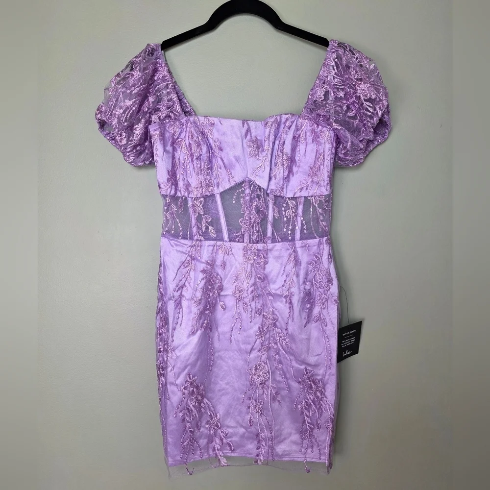 Lulus Seriously Cute Lavender Floral Embroidered Mesh Puff Sleeve Mini Dress